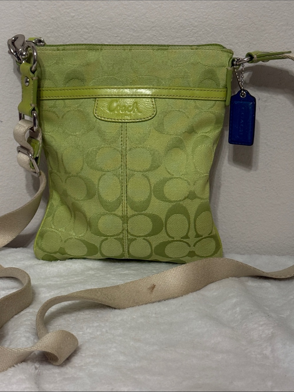Coach Lime Green Signature Jacquard Crossbody Bag